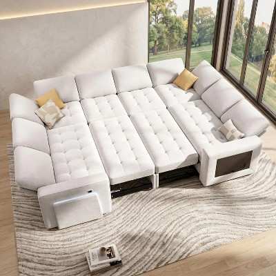 Dyonery U Shaped Modular Sectional Sleeper Sofa with Pull Out Bed,Beige Chenille 8 Seat Couch,Reclining Backrest,LED Light,USB Ports,Table,Storage | Target