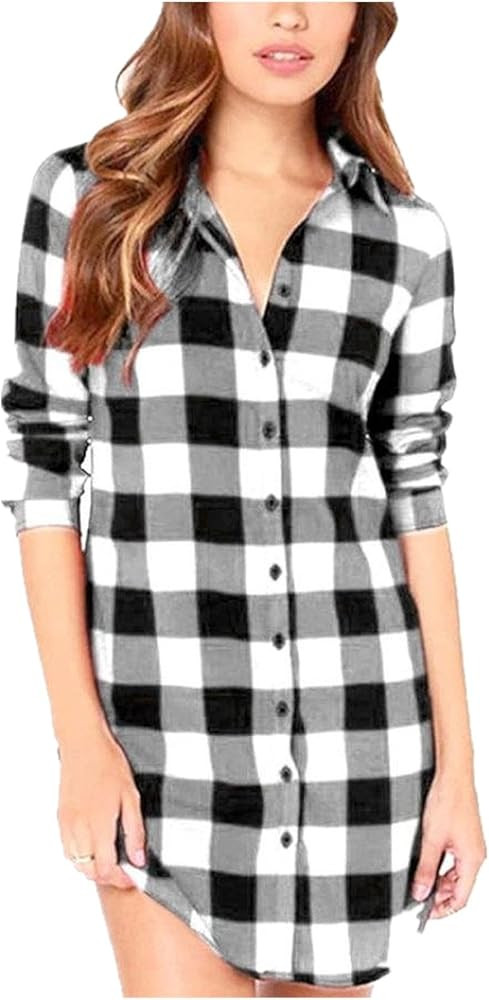 ZANZEA Women Blouses Tops Buffalo Check Plaid Long Sleeve Casual Button Down Shirts | Amazon (US)