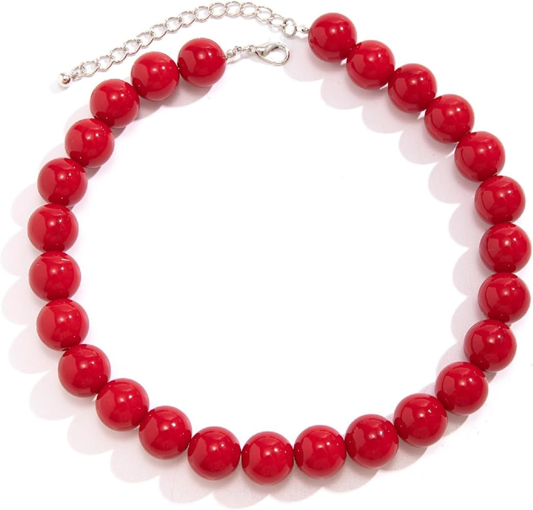 Chunky Red Beaded Necklace for Women Red Pearl Necklace Adjustable Black Round Beaded Necklace Co... | Amazon (US)