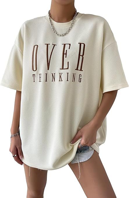 Cozyease Women's Oversized Tees Ribbed Knit Graphic Letter Print Short Sleeve T Shirts Casual Loo... | Amazon (US)
