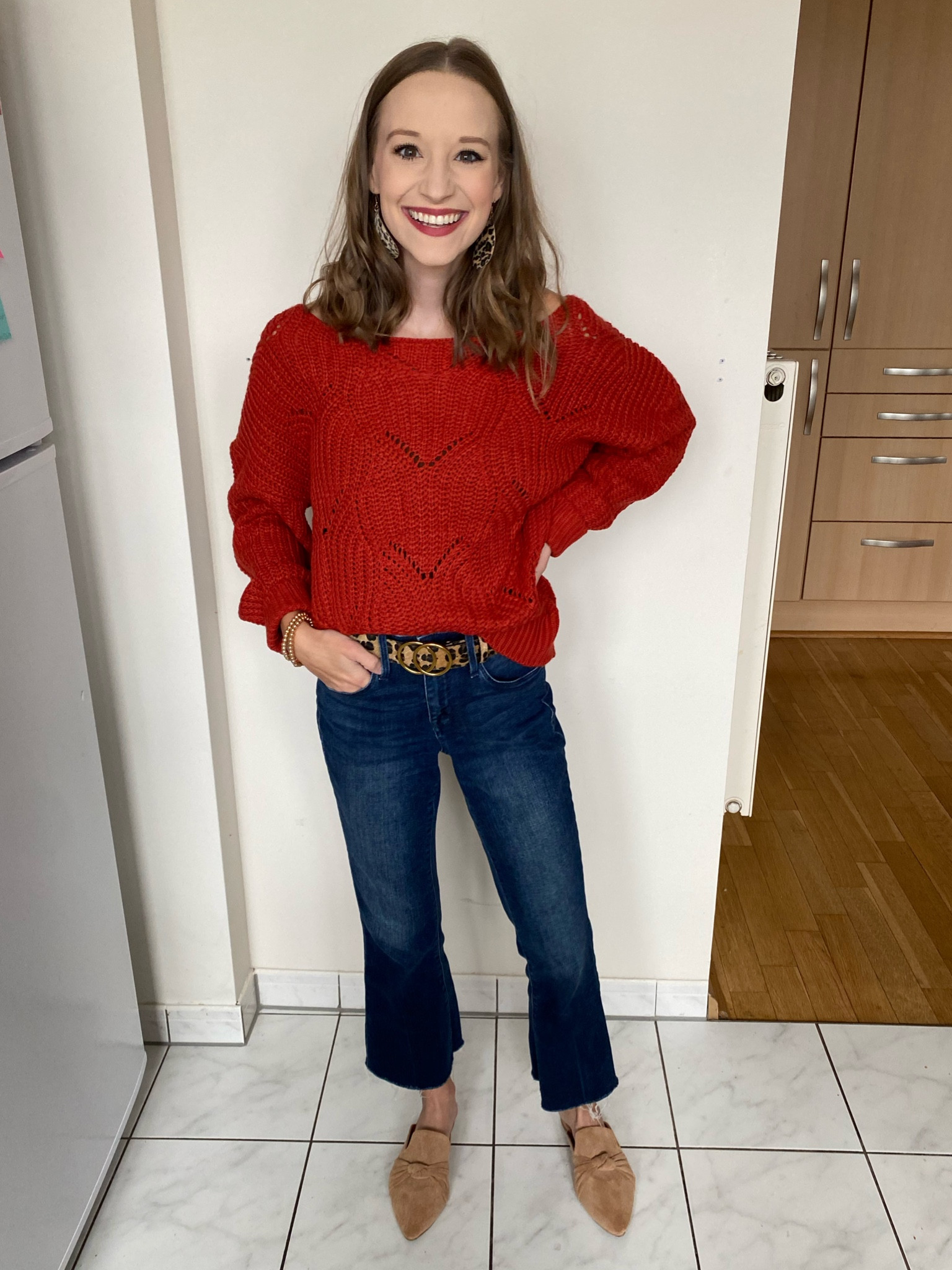 My fall outfit of the day featuring a comfy sweater from Amazon paired with flare jeans, mules and a leopard belt! 

#LTKfit #LTKSeasonal