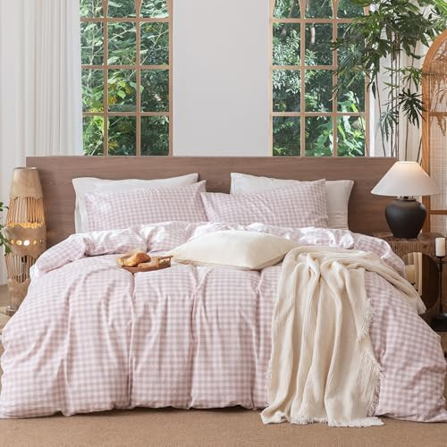 MooMee Gingham Duvet Cover Set 100% Washed Cotton Linen Like Textured Breathable Durable Soft Comfy Modern Checkered Design (Classic Gingham Greyish Pink, Palatial King/Oversized King 120"x98") | Amazon (US)