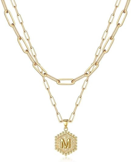 M MOOHAM Dainty Gold Necklace for Women - 14K Solid Gold Over Teen Girl Gifts Cute Hexagon Letter... | Amazon (US)