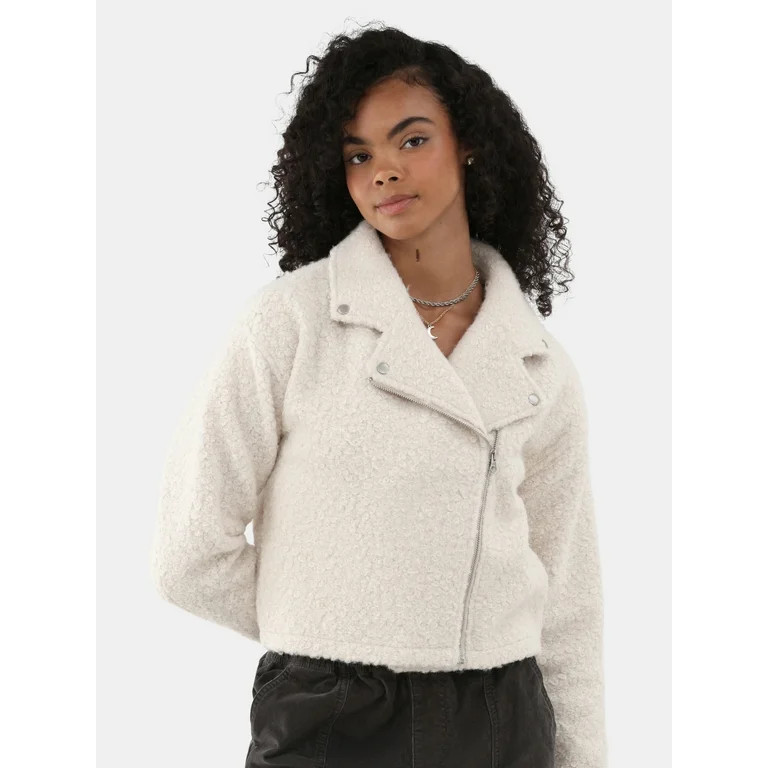 No Boundaries Asymmetric Zip Faux Shearling Moto Jacket, Women's and Women's Plus | Walmart (US)