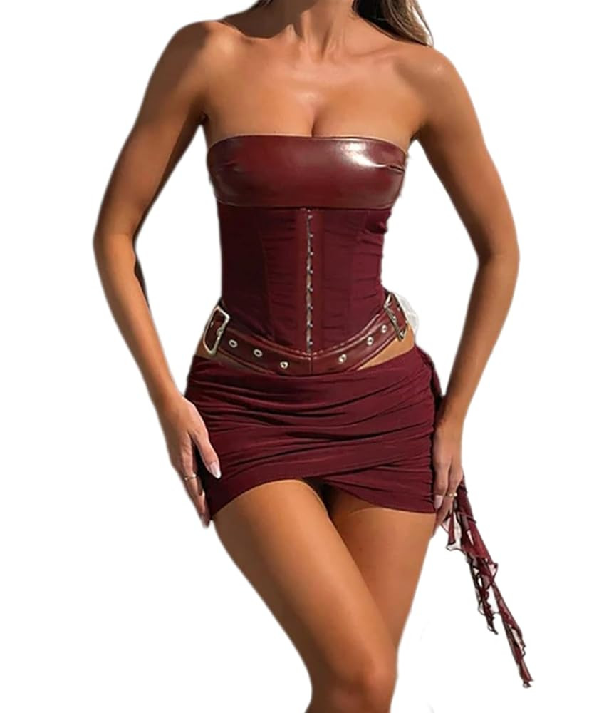 Sexy Two Piece Outfits for Women Off the Shoulder Leather Tube Top High Waist Ruched Mini Skirt S... | Amazon (US)
