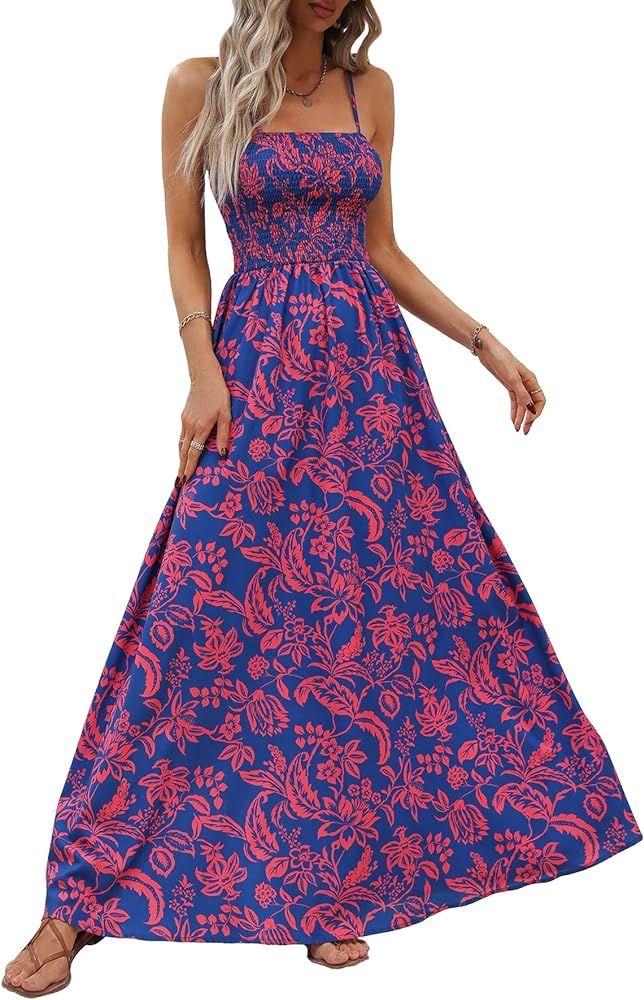 Amazon.com: MakeMeChic Women's Floral Print Shirred Cami Dress Spaghetti Strap Sleeveless High Wa... | Amazon (US)