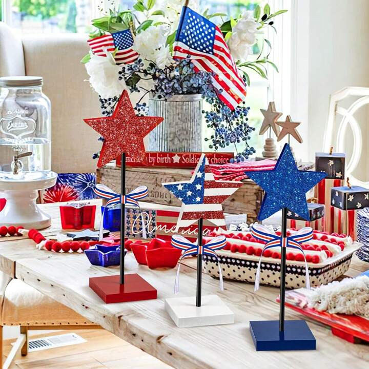 3 Pieces 4th Of July Table Decorations Wood Star Set, Patriotic Tiered Tray Decor,Rustic Memorial... | SHEIN