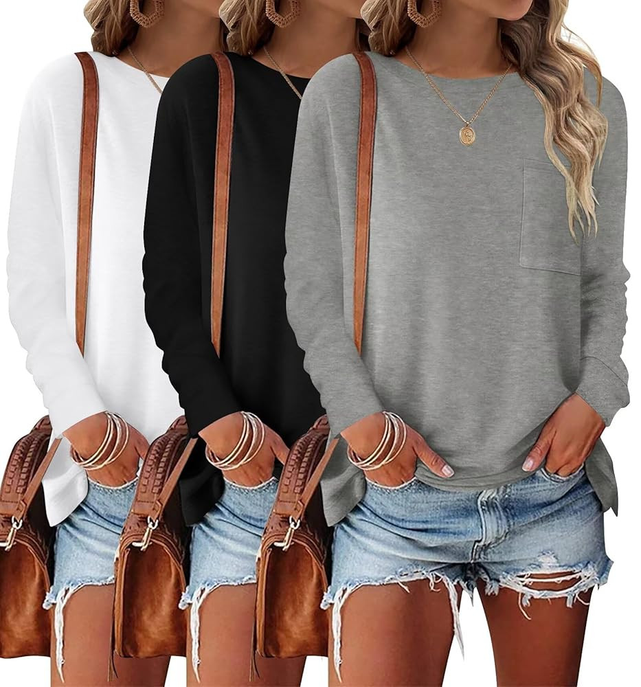Bliwov 3 Pack Womens Tops Long Sleeve T Shirts 2025 Basic Casual Blouse Spring Fall Winter Fashio... | Amazon (US)