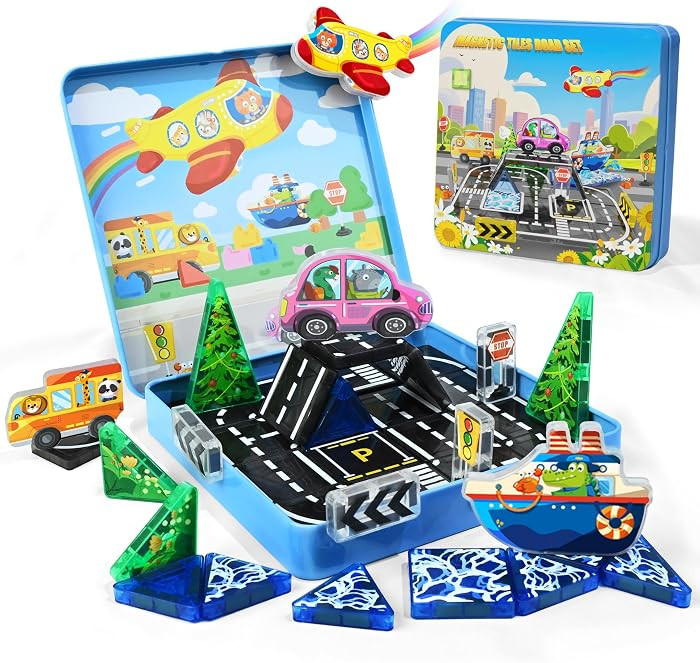 40PCS Mini Magnetic Tiles \u2013 City Road Building Blocks Set in Iron Case, Portable STEM Travel... | Amazon (US)