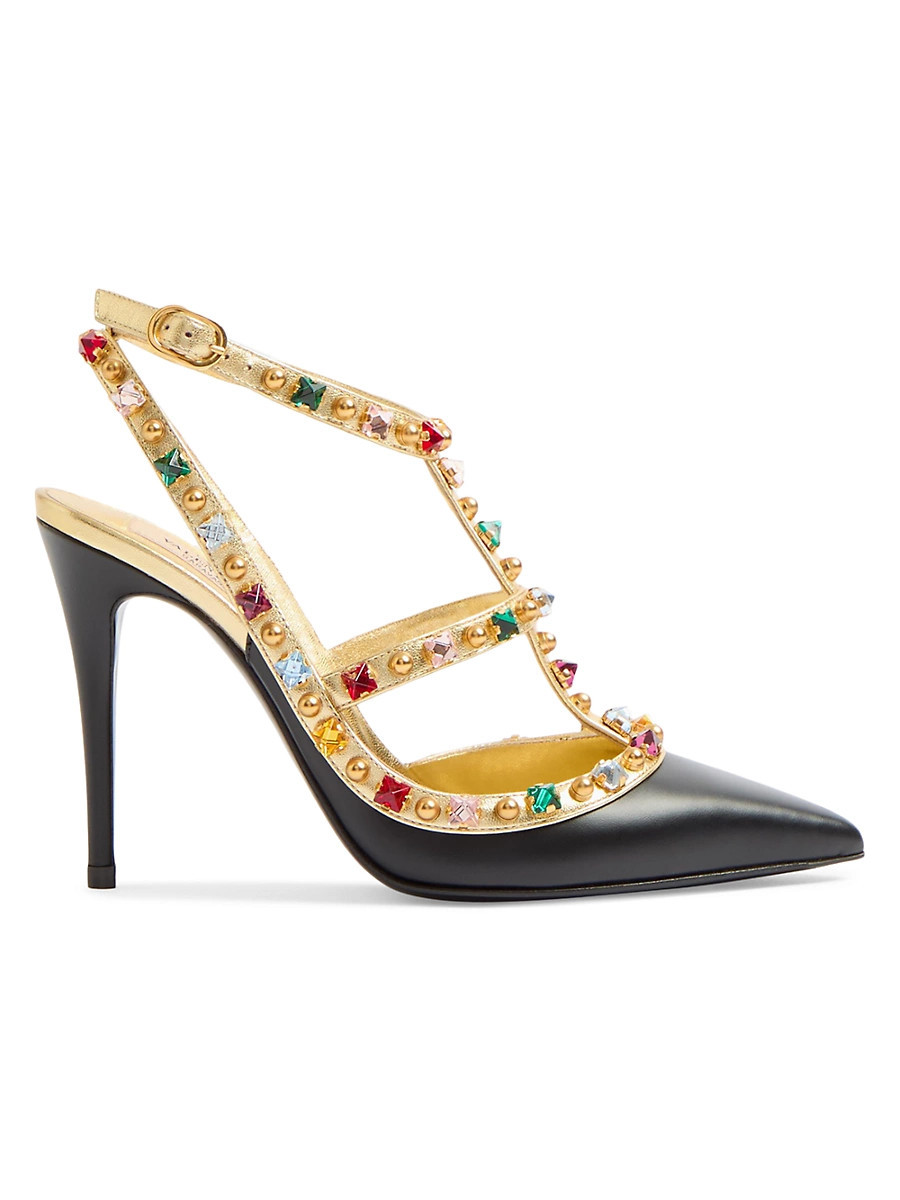 Women's Rockstud Calfskin Pumps 100MM Crystals - Black Antique Brass - Size 8.5 | Saks Fifth Avenue
