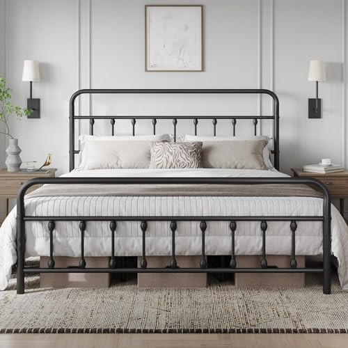 Yaheetech Classic Metal Platform Bed Frame Mattress Foundation with Victorian Style Iron-Art Headboard/Footboard/Under Bed Storage/No Box Spring Needed/California King Size Black | Amazon (US)