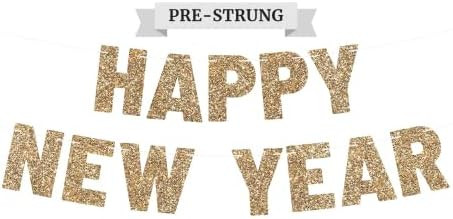 Pre-strung Happy New Year Banner - No DIY - Gold Glitter New Years Eve Party Banner - Pre-strung ... | Amazon (US)