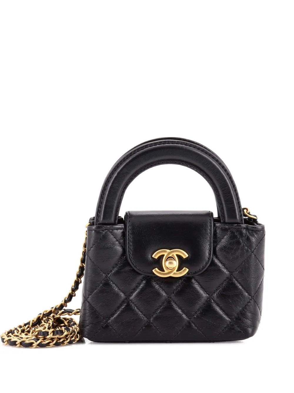 CHANEL Pre-Owned Kelly Top Handle Shopping Bag Quilted Shiny Aged Calfskin Nano crossbody bag - Black | Farfetch Global