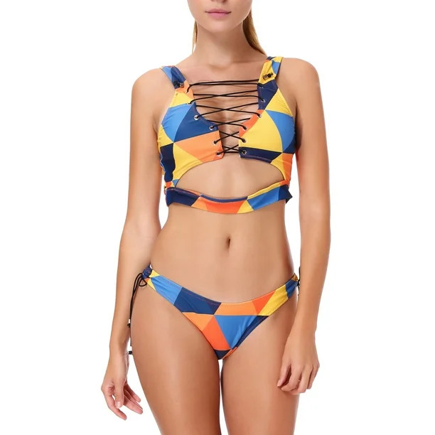 Sexy Juniors African Two Piece Bikini Set Lace up Cut Out Thong Swimwear Classic Prints Swimsuit ... | Walmart (US)