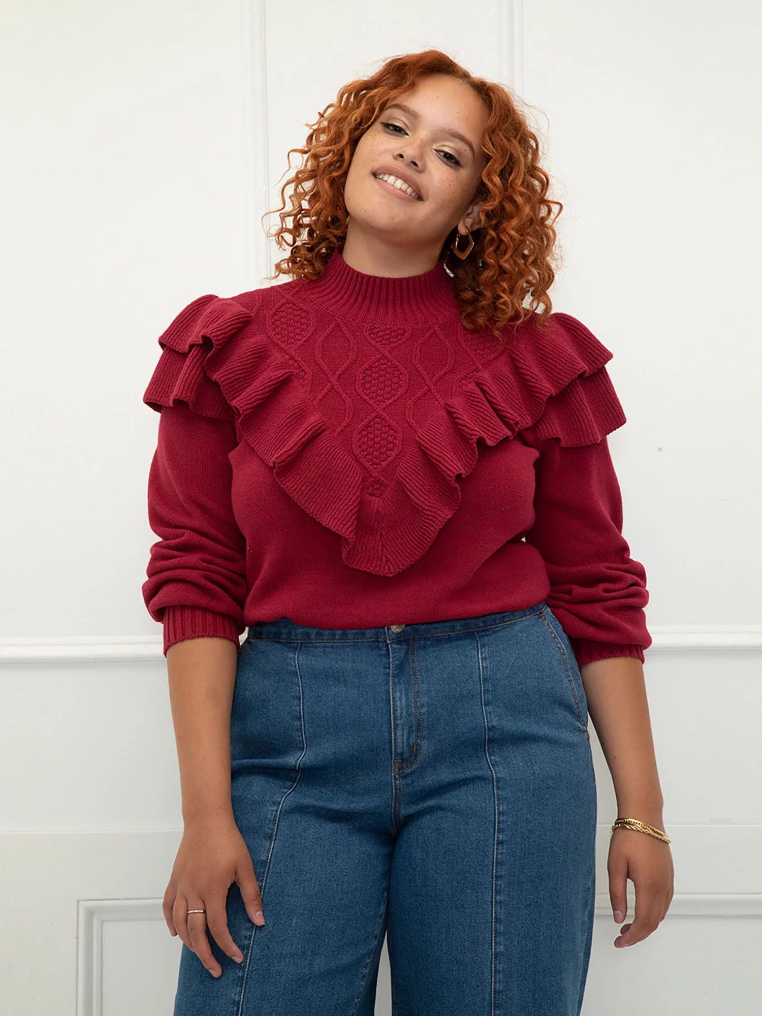 ELOQUII Elements Women's Plus Size Ruffle Yoke Sweater | Walmart (US)