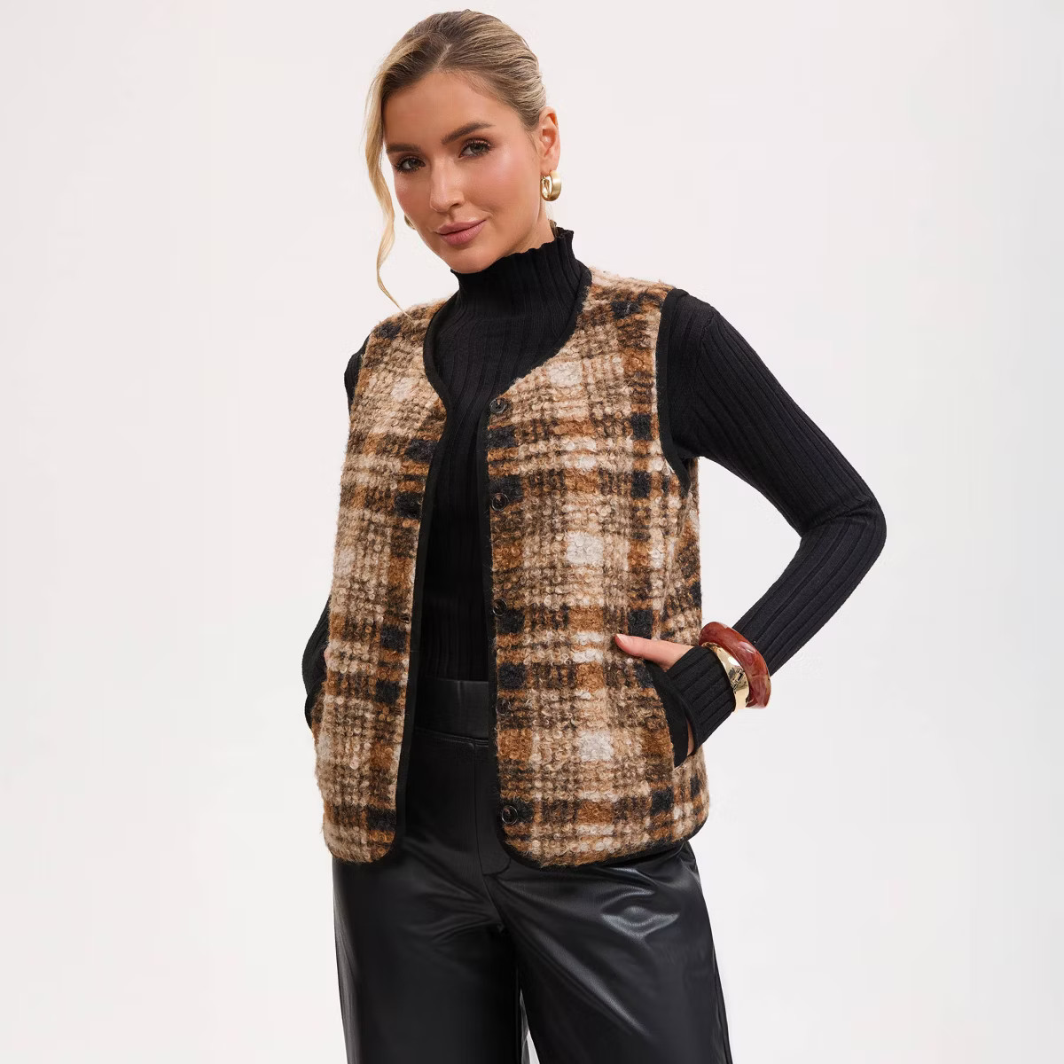 Women's Button-Down Vest - A New Day™ Brown Plaid | Target