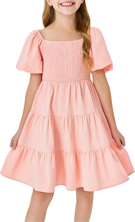 Batermoon Girls Boho Square Neck Puff Sleeve Off Shoulder Smocked Tiered Casual A Line Short Mini... | Amazon (US)