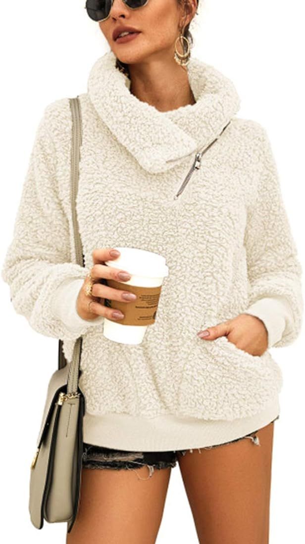 KIRUNDO 2023 Fall Winter Women's Lapel Fuzzy Fleece Sweatshirt Faux Shearling Zip Warm Sherpa Pullov | Amazon (US)