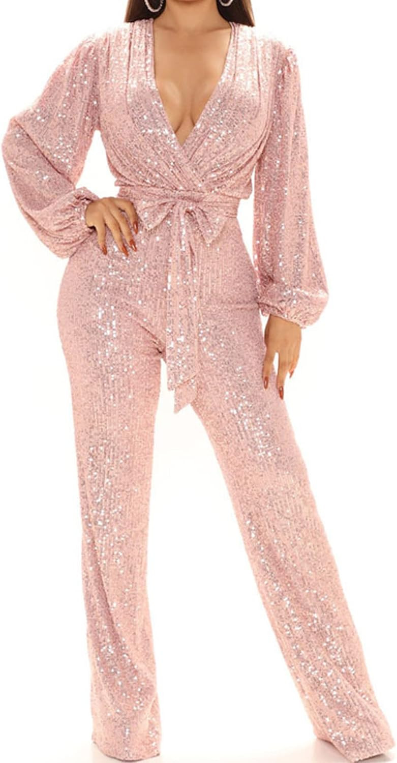 Womens Sexy Lace Jumpsuit See Through Mesh Ruffle Long Sleeve Wide Leg Jumpsuits Clubwear with Be... | Amazon (US)