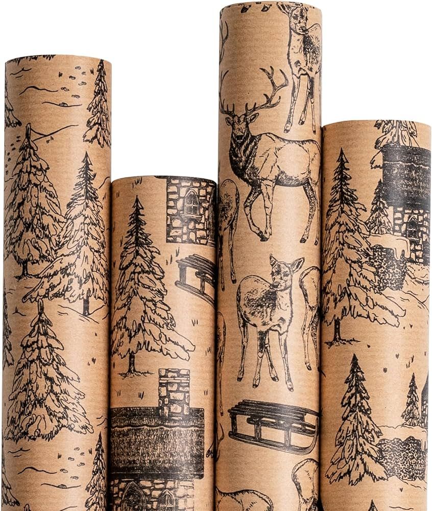 RUSPEPA Kraft Wrapping Paper Rolls - 17 inches x 10 feet per Roll, Total of 4 Rolls, Black Sketch... | Amazon (US)