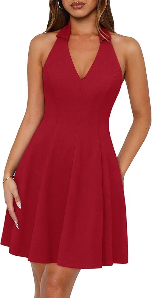 Lazysmile Summer Dresses for Women Sleeveless Halter Lapel V Neck Backless A Line Formal Cocktail... | Amazon (US)