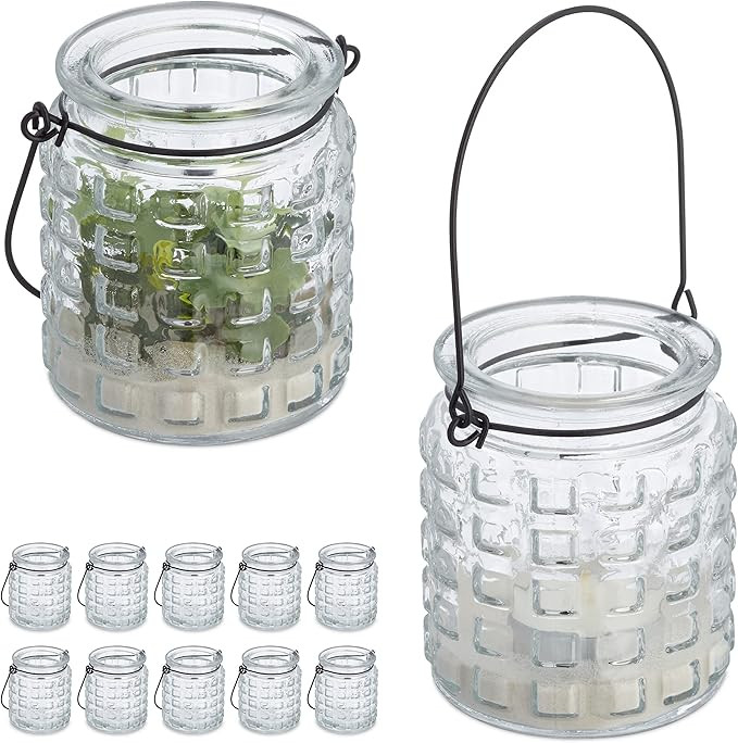 Set of 12 Glass Tea Light Holders with Handle, Indoor and Outdoor Decoration, H x D: 9 x 8 cm, Tr... | Amazon (US)