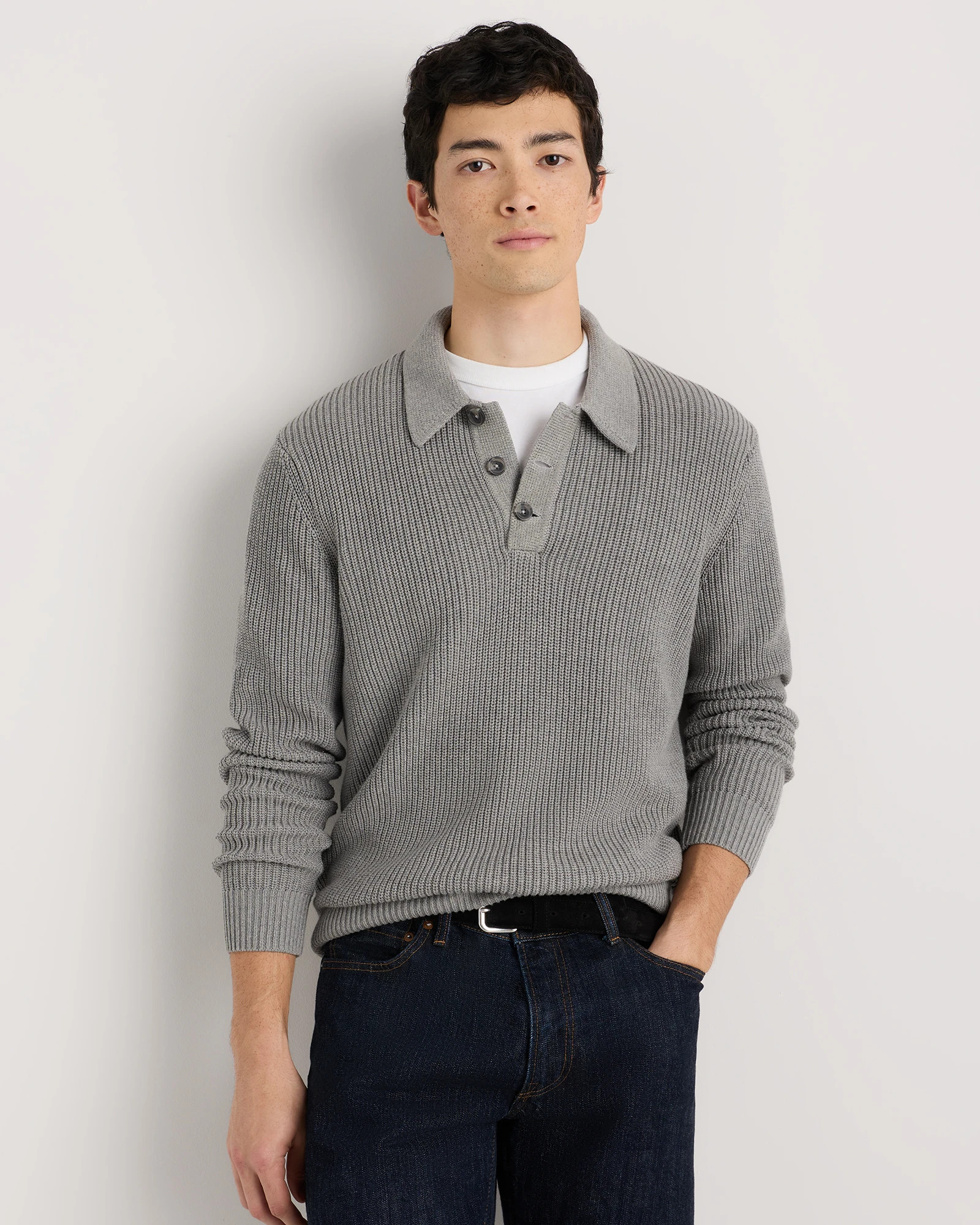 Quince | Men's Ribbed Polo Sweater in Charcoal, Size Small, Organic Cotton | Quince