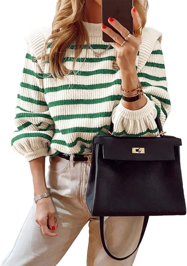 PRETTYGARDEN Women's Sweaters Casual Winter Long Lantern Sleeve Crewneck Ribbed Knit Pullover Str... | Amazon (US)