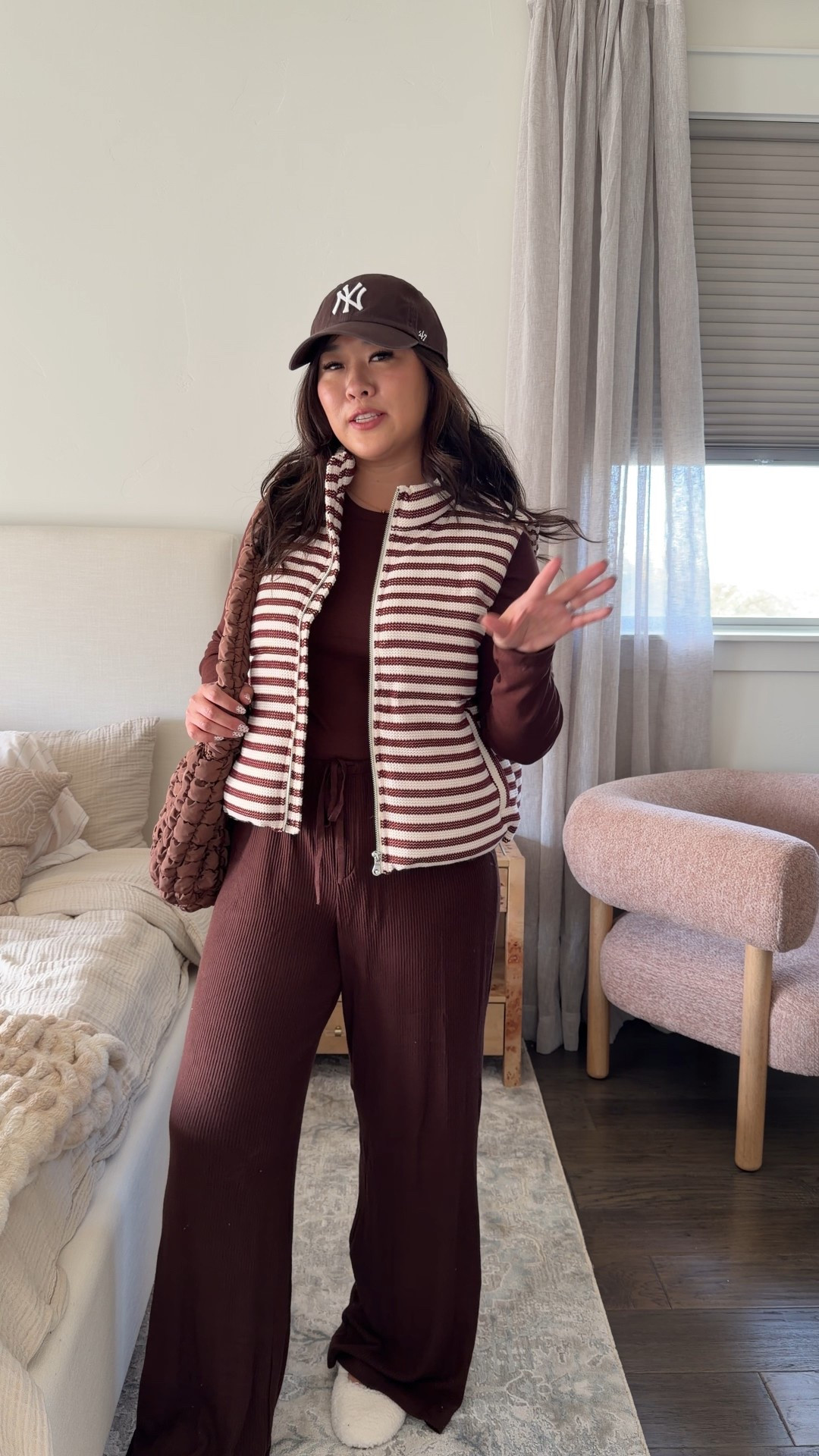 Thanksgiving Outfit Day 5
Slim Fit Top: Small
Cozy Pants: Medium
Striped Vest: Medium
