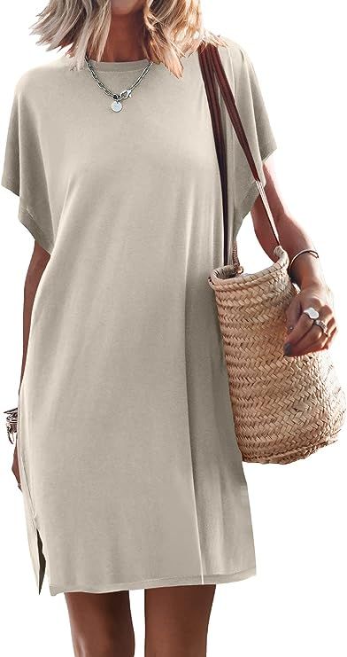 ANRABESS Women’s Summer Short Sleeve T-Shirt Dress Casual Loose Slit Beach Mini Dress Tunic Top | Amazon (US)