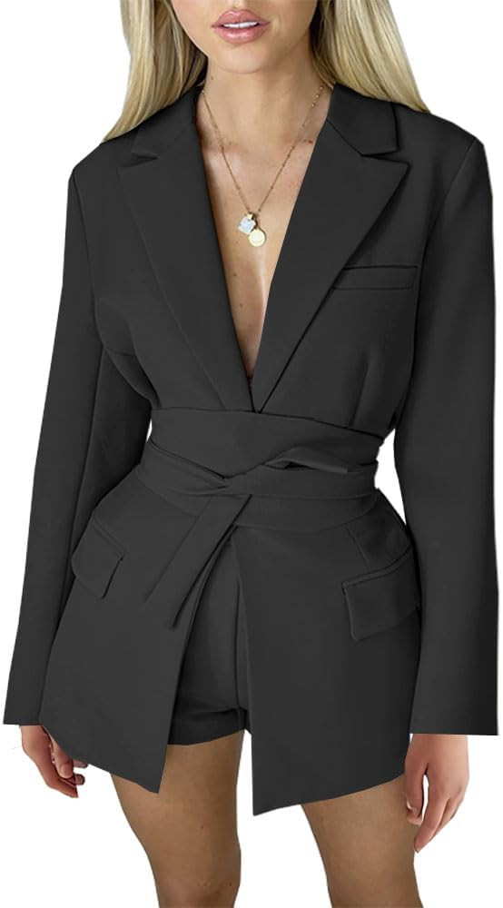 Puedizux Women Adjustable Waist Blazer Cinched Waist Blazer with Belt Long Sleeve Casual Office J... | Amazon (US)