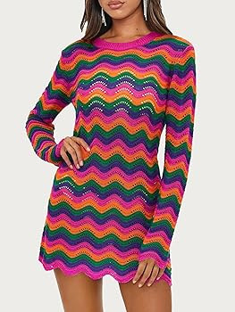 Women's Crochet Colorful Mesh Summer Long Sleeve Cover Ups Casual Striped Beach Wear Knit Mini Dr... | Amazon (US)