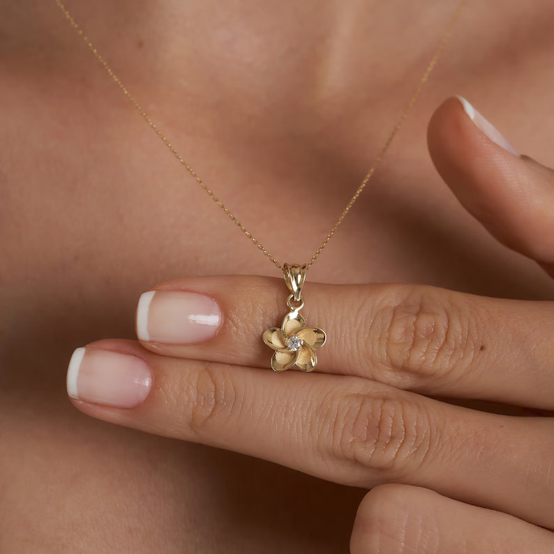 14K Gold Plumeria Pendant Necklace, Plumeria Pendant, Plumeria Jewelry, Real Solid Gold Flower Pe... | Etsy (US)