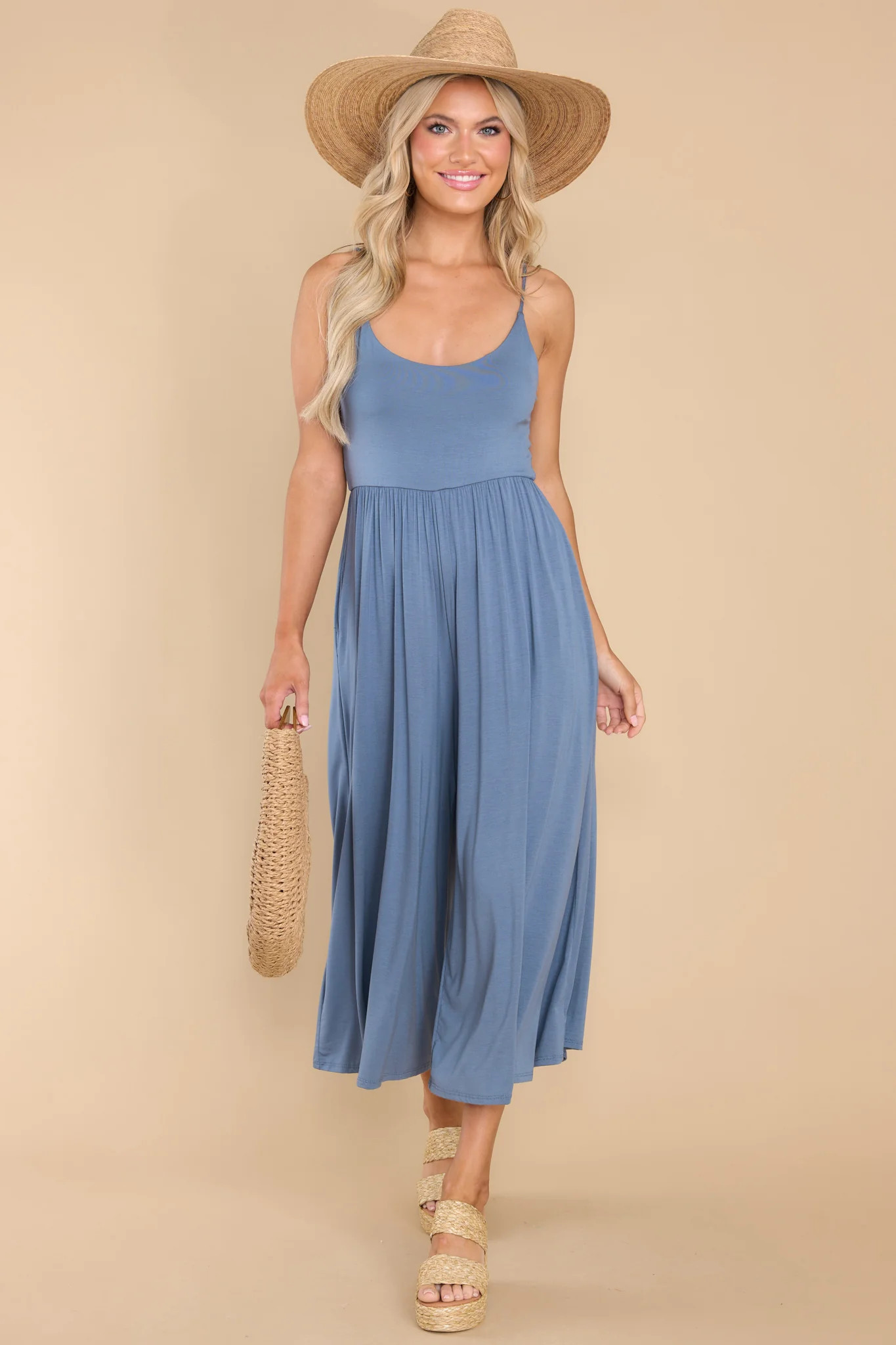 Enticing Endeavors Dusty Blue Jumpsuit | Red Dress 