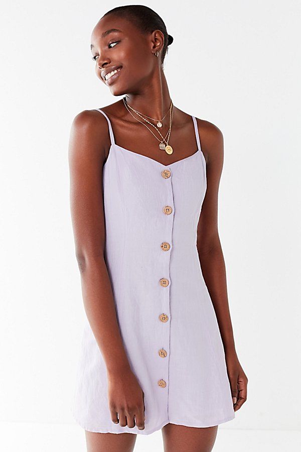 UO Button-Down Strappy Back Linen Dress - Purple XS at Urban Outfitters | Urban Outfitters (US and RoW)
