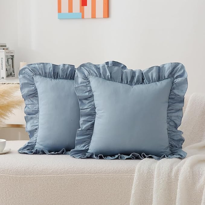 2 Pack Dust Blue Ruffle Throw Pillow Covers 18x18 inches, 100% Cotton French Country Rustic Vinta... | Amazon (US)