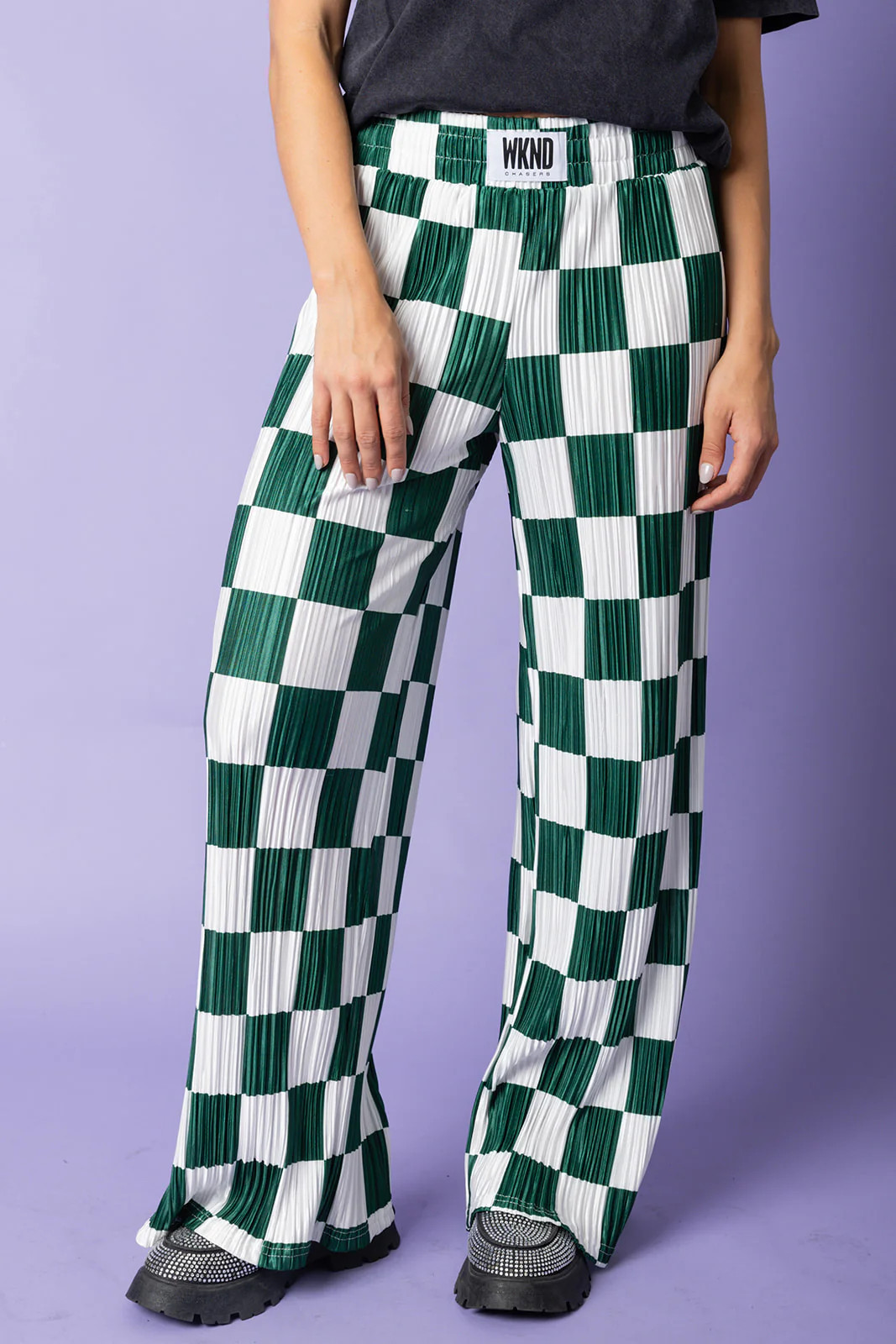 Checkered Plisse Pants - Emerald | WKNDchasers