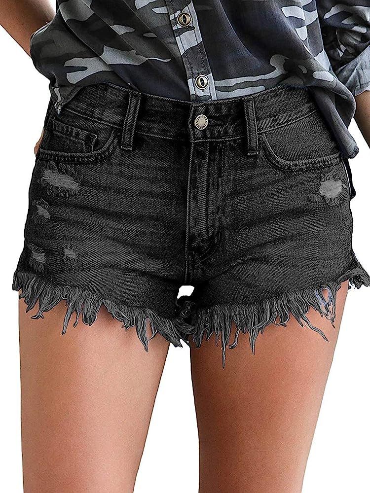 Govc Womens Jean Shorts Mid-Rise Frayed Raw Hemline Ripped Denim Short Jeans | Amazon (US)