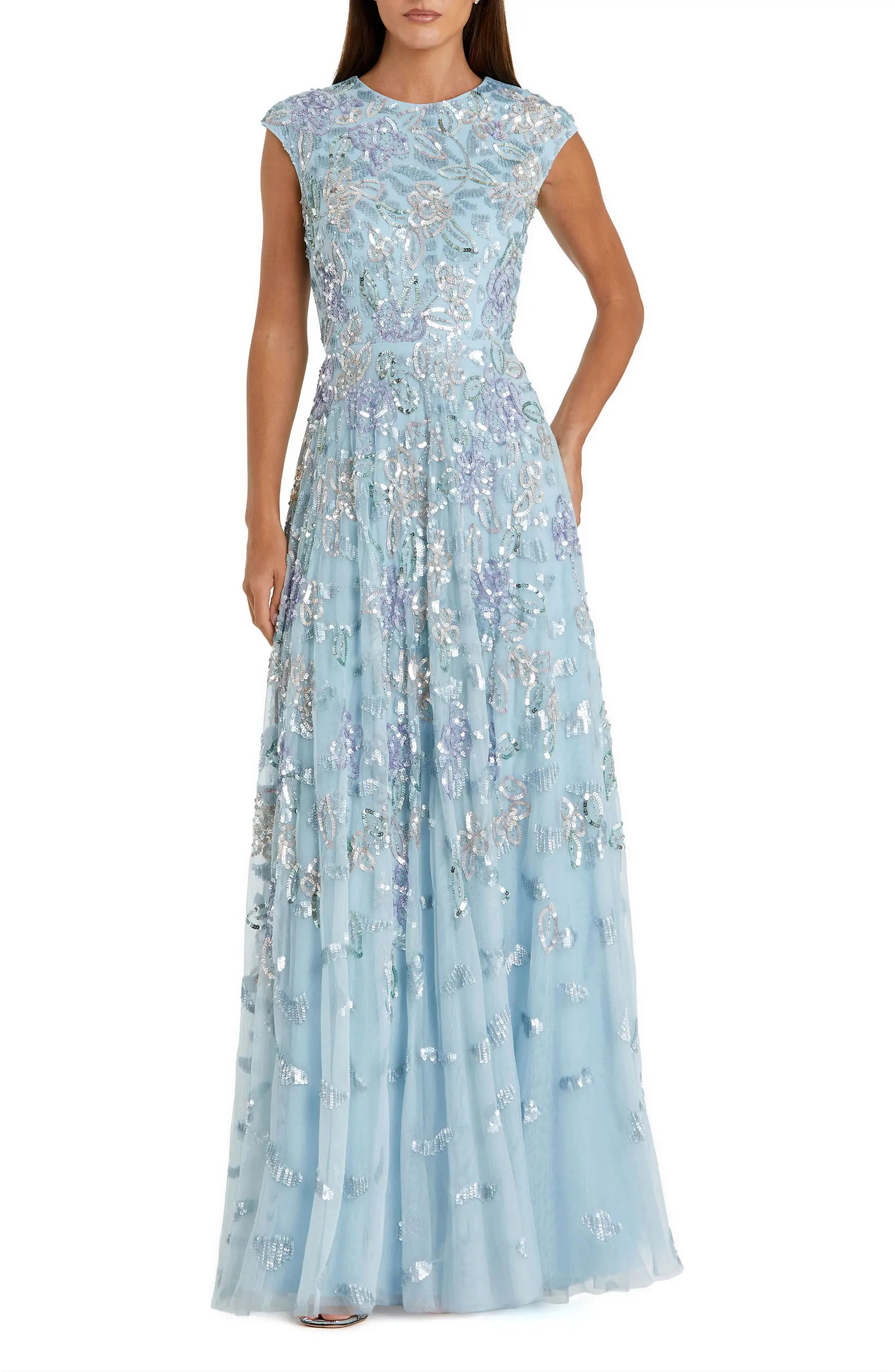 Sequined High Neck Cap Sleeve A Line Gown | Nordstrom