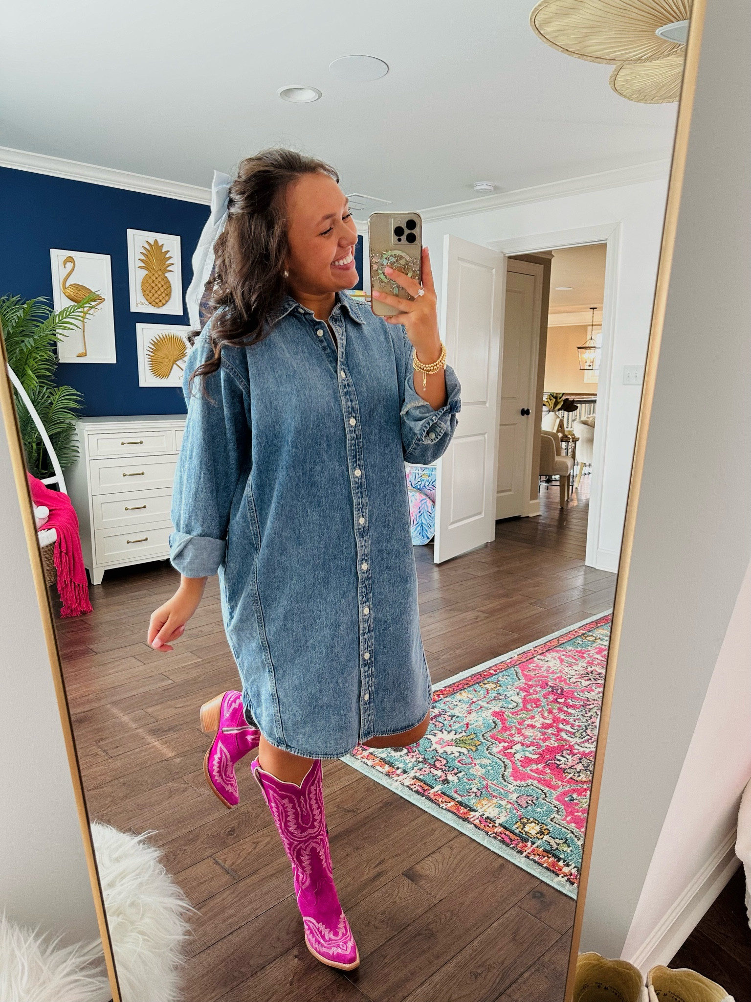 I wore this adorable denim shirt dress for my birthday the other day & it has become my favorite go-to! 🎀✨ I sized up to a Small for a looser fit. Linking my entire birthday fit here 💗 

Denim dress. Shirt dress. Pink cowboy boots. Purple cowboy boots. Ariat casanovas. Clip bows for hair. Birthday outfit ideas. Spring fashion. Spring outfits. Target dress. 

#LTKstyletip #LTKsalealert #LTKshoecrush