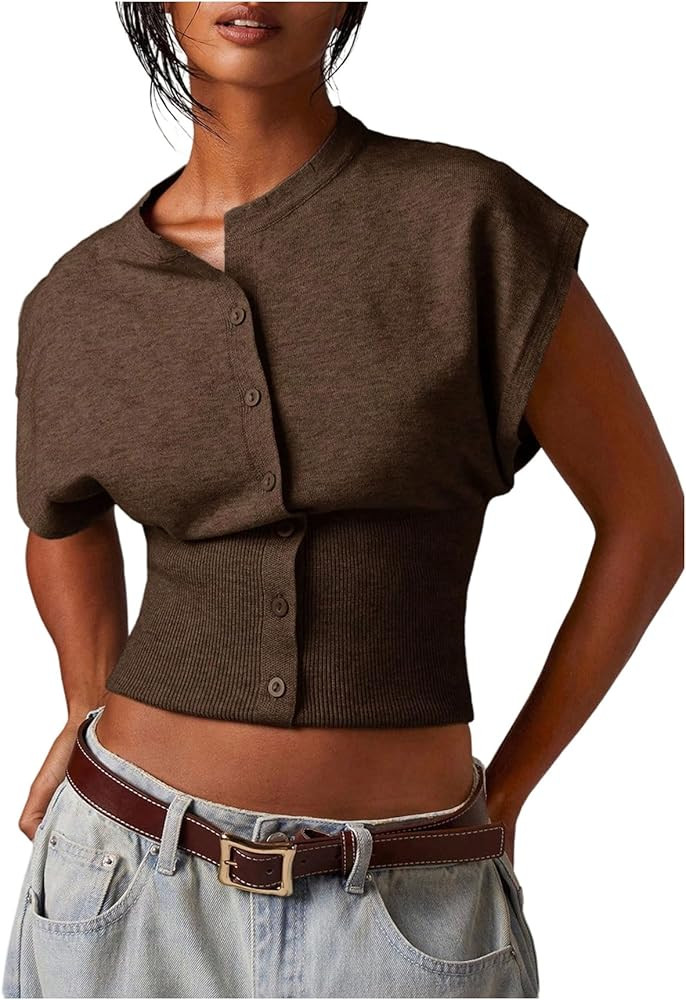 SHENHE Women's Cap Sleeve Sweater Vest Button Up Dressy Sleeveless Knit Crop Top Sweater | Amazon (US)