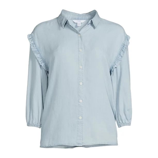 Time and Tru Women's Ruffle Sleeve Button Front Shirt - Walmart.com | Walmart (US)