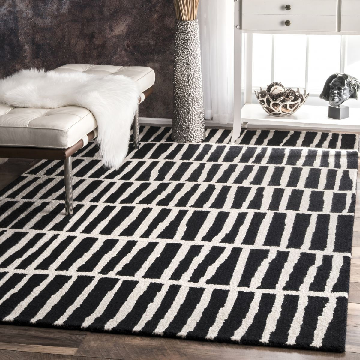 Black Irregular Parallel Bars 9' 6" x 13' 6" Area Rug | Rugs USA