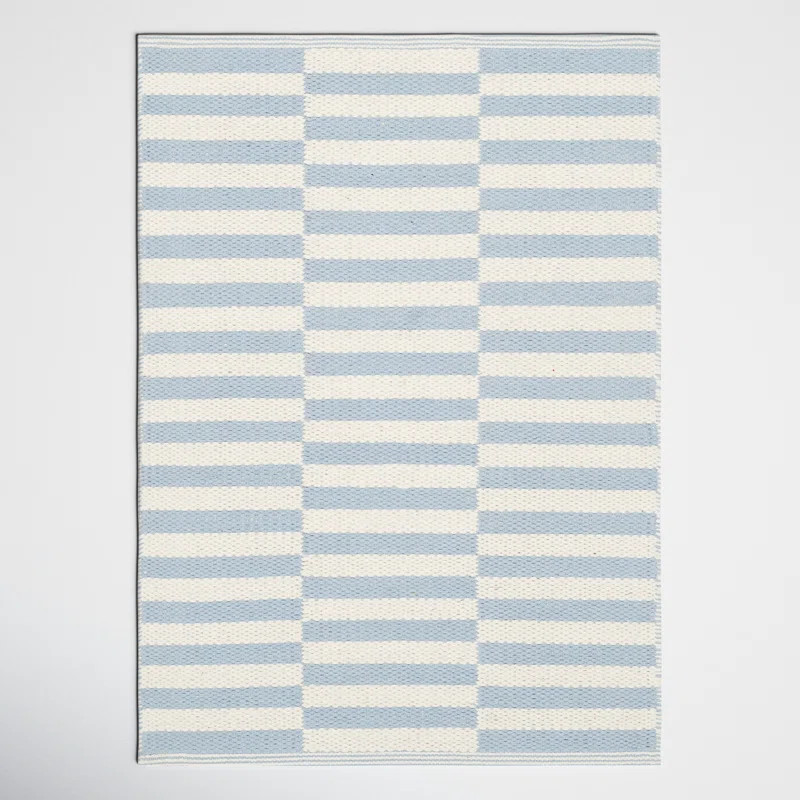 Ilona Striped Hand-Woven Flatweave Cotton Area Rug in Ivory/Light Blue | Wayfair North America