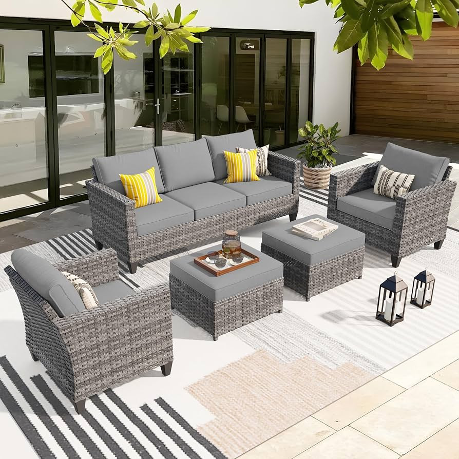 ovios Patio Furniture Set, 5 Pieces Outdoor Wicker Rattan Sofa Couch with Chairs, Ottomans and Co... | Amazon (US)