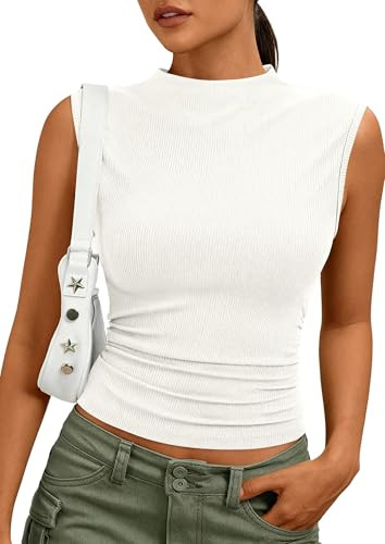 PRETTYGARDEN Sleeveless Tops for Women Ribbed Mock Neck Tank Top Slim Fitted Ruched Basic Layerin... | Amazon (US)