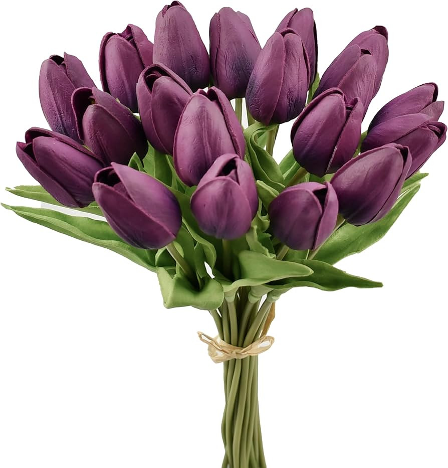 Mandy's Grape Purple Artificial Tulips Flowers Centerpiece, 13.5" Lifelike PU Fake Floral Stems 2... | Amazon (US)