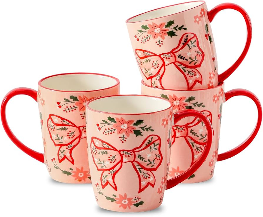 HASENSE Coffee Mugs Set of 4,16oz Ceramic Cups with Handle for Kitchen,Pink Bow Christmas Latte M... | Amazon (US)
