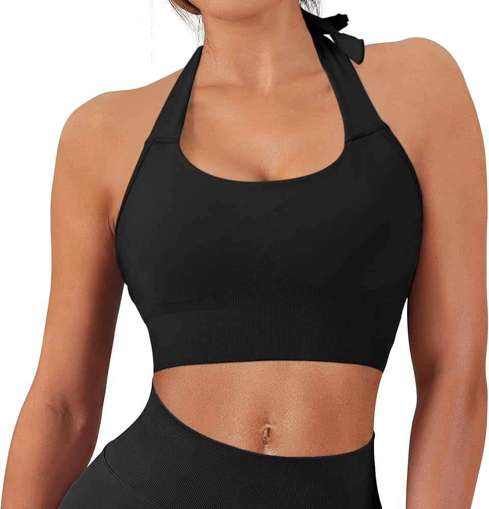 MOOSLOVER Women Criss Cross Halter Sports Bra Wrap Backless Padded Workout Crop Tops | Amazon (US)