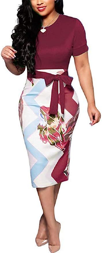 Women's Bodycon Dress Midi Work Casual Floral Prints Pencil Dresses with Belt at Amazon Women’s... | Amazon (US)